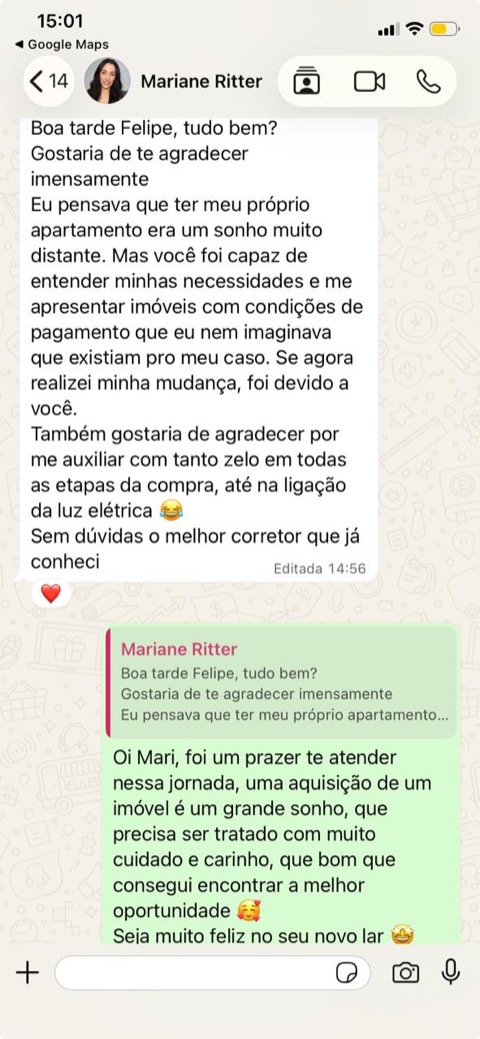 Print da conversa de WhatsApp em que a cliente Mariane Ritter agradece a Felipe Ramalho pela compra do apartamento no Royal Palace.
