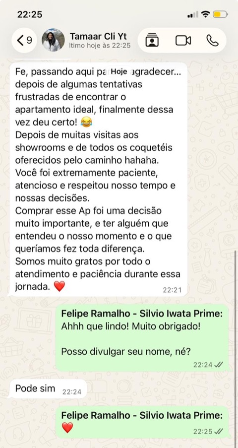 Print da conversa de WhatsApp em que a cliente agradece a Felipe Ramalho pela compra do apartamento no Lagoon Home Club.