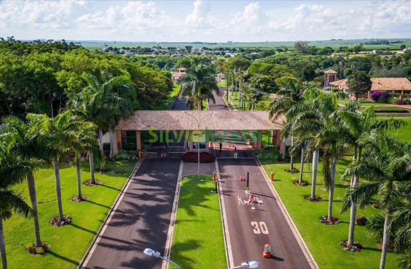 Portal de entrada do condomínio Alphaville Maringá, vista aérea com avenida arborizada por palmeiras.