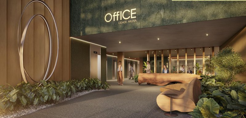 Lobby do Office Cidade Aruna, com pé-direito duplo e recepção em madeira.