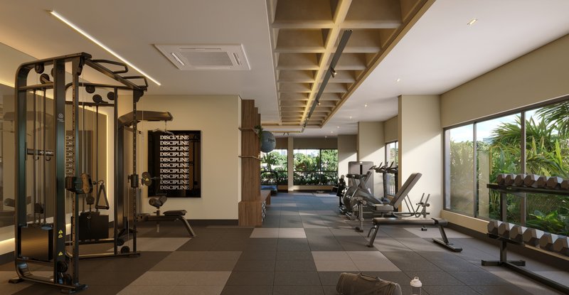 Academia do Lagoon Home Club, com equipamentos de musculação e vista para o jardim.