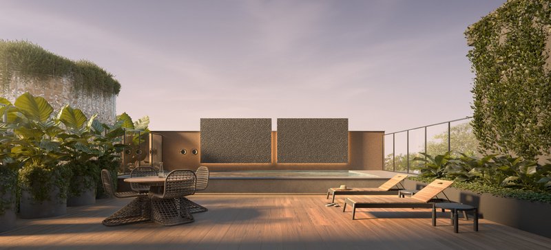 Piscina privativa gourmet do Lithos, no rooftop, com deck de madeira e espreguiçadeiras.