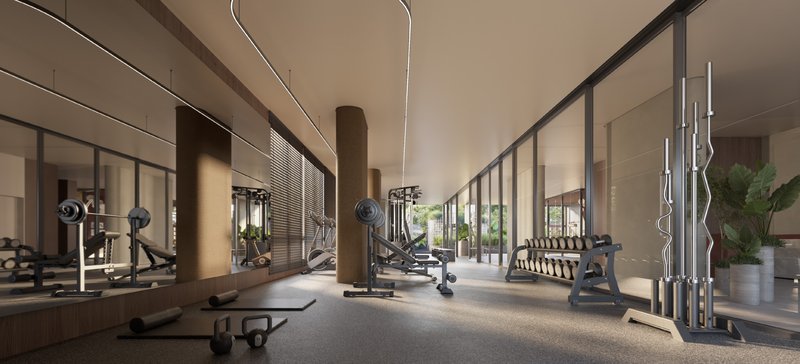 Academia do Lithos, com equipamentos de musculação e vista para a cidade.