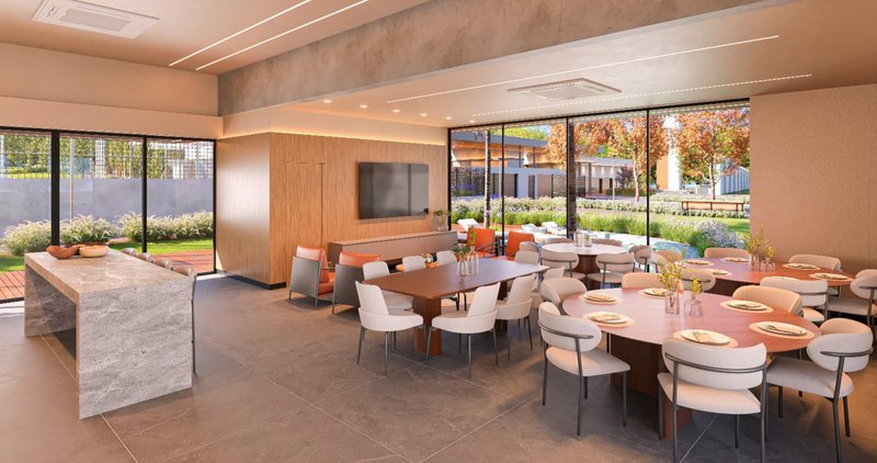 Espaço gourmet do clube da Quinta dos Plátanos, com vista para a piscina e o jardim.