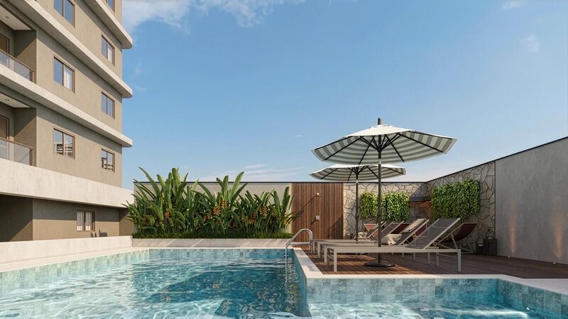 Piscina do Solum, com deck e espreguiçadeiras.