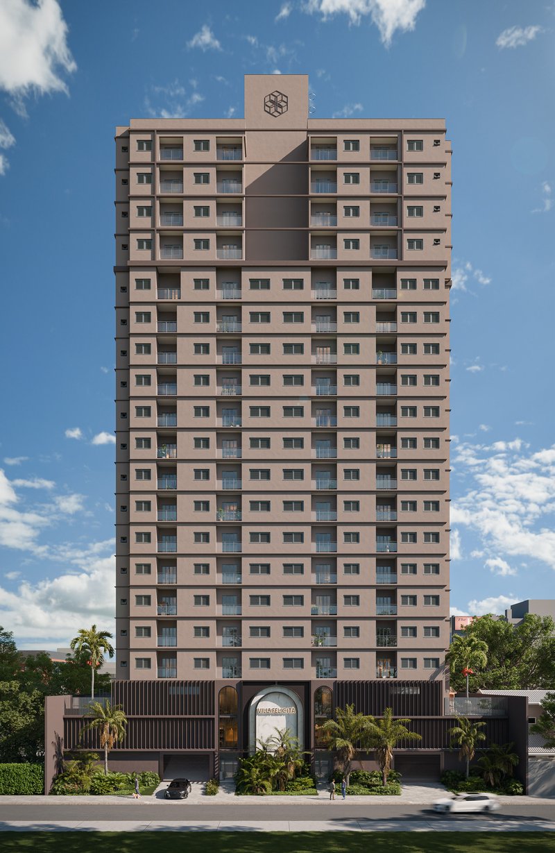 Fachada do Villa Felicità, com entrada em arco e paisagismo com palmeiras.